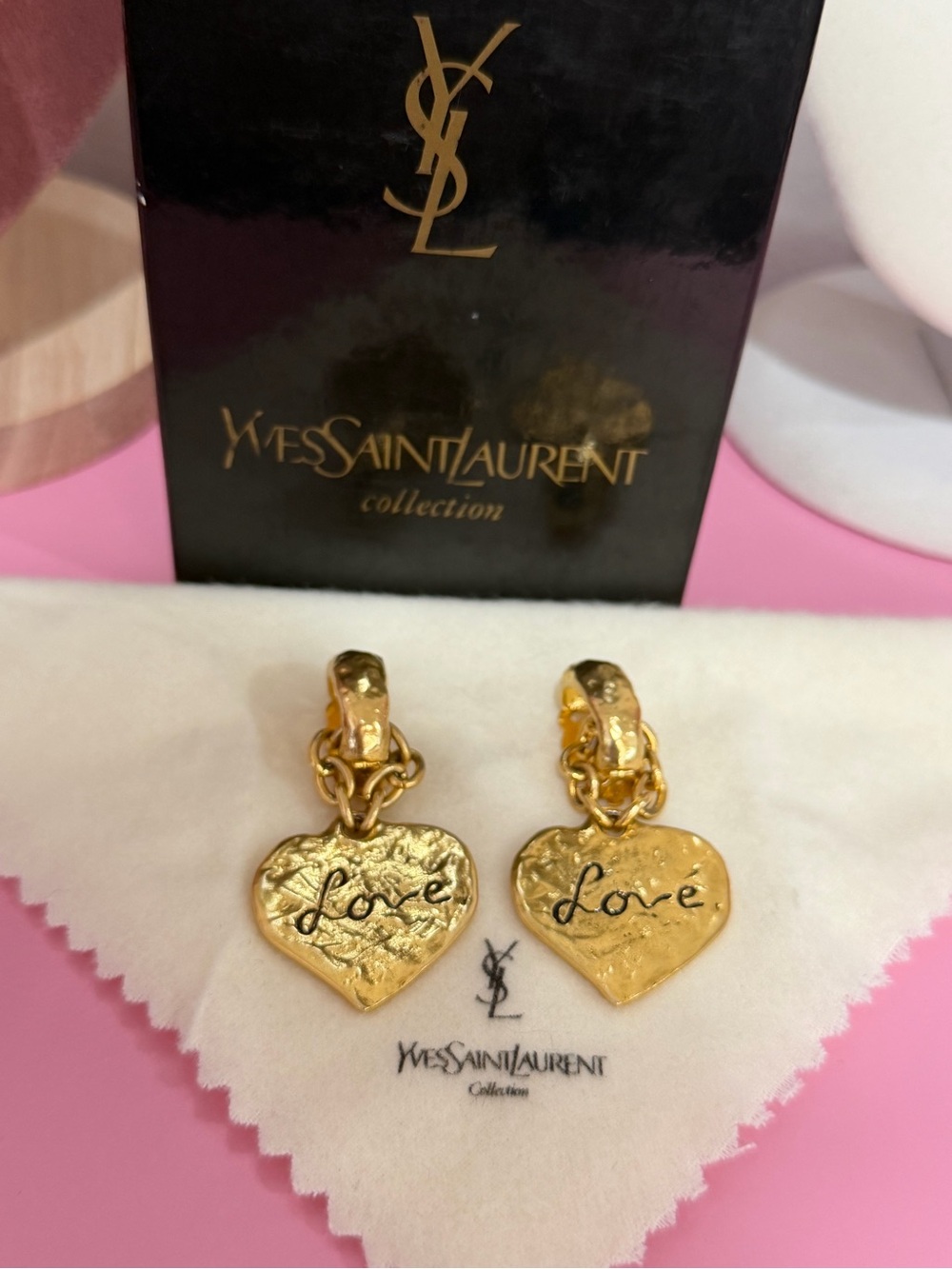 💖SOLD💖 Yves Saint Laurent Gold Heart 'Love' Drop Hoop Earrings